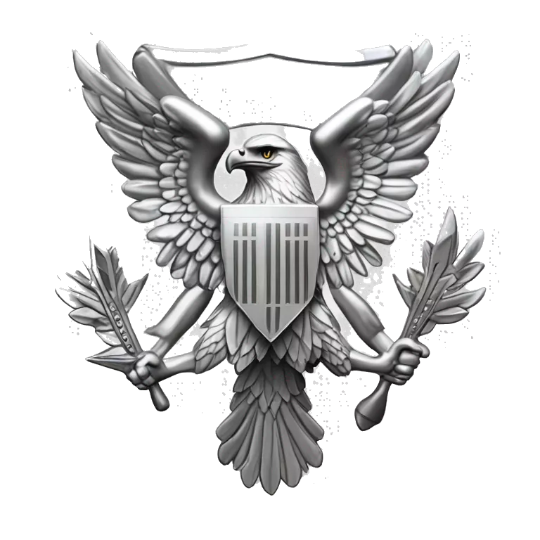 Create an emoji of a silver US Army O-6 Colonel insignia: a detailed silver eagle with outstretched wings, clutching arrows and bearing a shield on its chest. Ensure the background is transparent. The entire thing should be silver