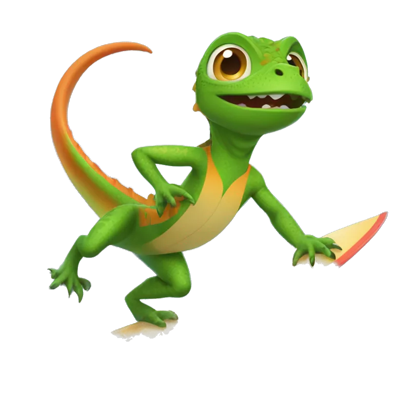 Create an image of a lizard 🦎 riding on a surfboard 🏄 in the ocean 🌊. The lizard should look like it's having fun, with a cool and playful vibe