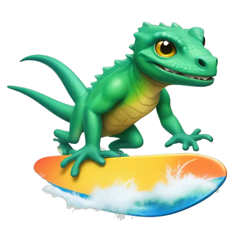 Create an image of a lizard 🦎 riding on a surfboard 🏄 in the ocean 🌊. The lizard should look like it's having fun, with a cool and playful vibe