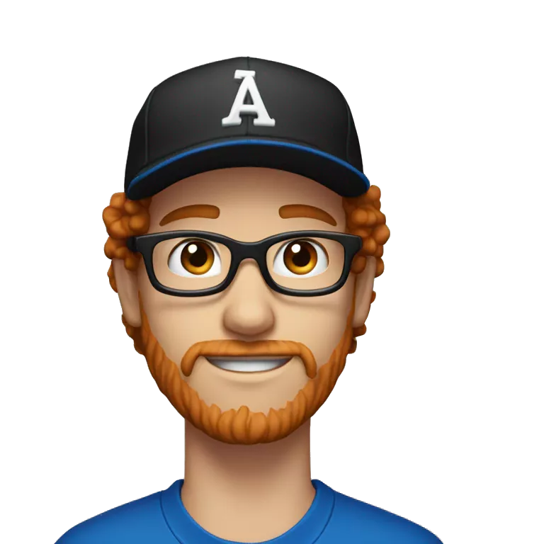 30 years old, male, red hair, curly hair, glasses, black baseball hat, blue eyes, pale complexion, stubble facial hair