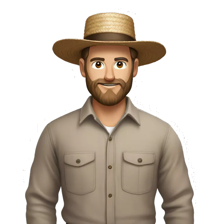 Amish brown straw hat and small beard without mustache white skin brown button down shirt whole body building a building one photo