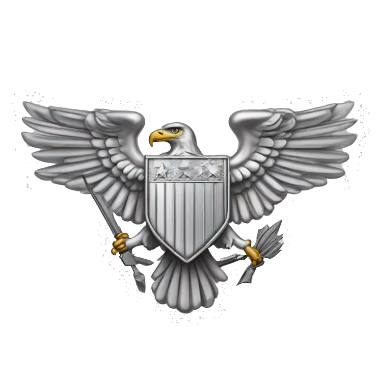 Create an emoji of a silver US Army O-6 Colonel insignia: a detailed silver eagle with outstretched wings, clutching arrows and bearing a shield on its chest. Ensure the background is transparent. The entire thing should be silver