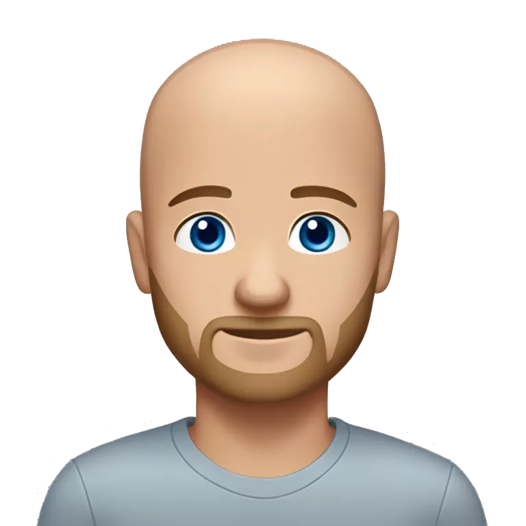bald white man with blue eyes, brown hair with some light gray in, and a brown goatee with an orange tint and hints of gray