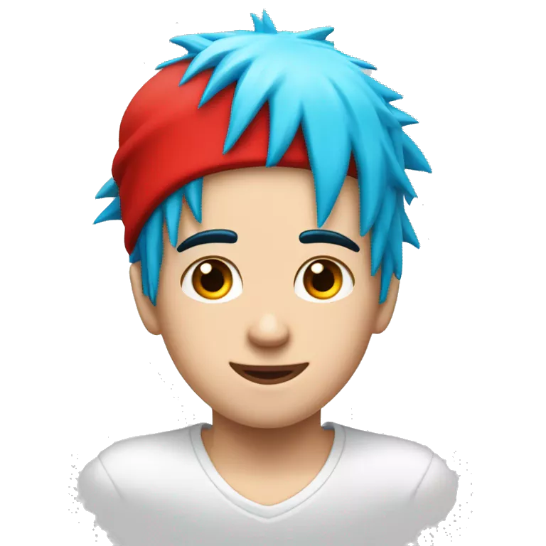 a white kid with cyan blue spiky hair with a red hat and a white shirt with a red circle in the middle and in the circle theres a red tilted line in it