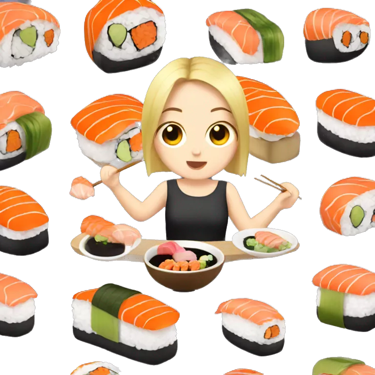 a girl eating a lot of sushi