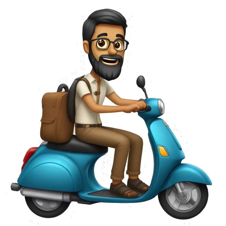 Two riding a scooter one indian male with a point beard wearing glasses a trouser shirt girl with glasses indian wearing trousers and blouse