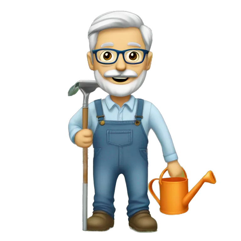 I want a cartoon graphic for a man, with a belly, square face, grey hair, grey thin beard, thin mustache, rectangular eyeglasses, moutg opened, wearing blue jeans, watering the soil with a watering can, outdoor, a glass building behind.