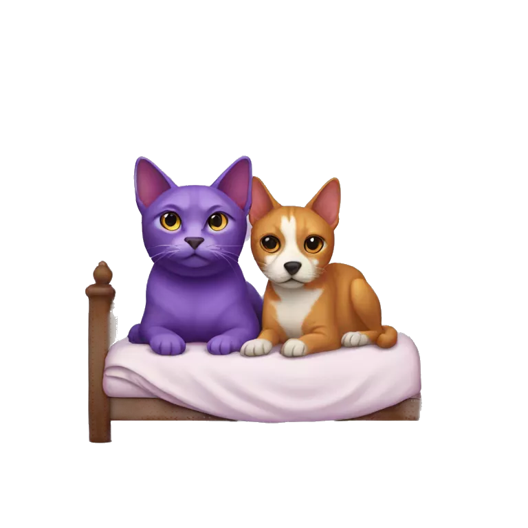 Violet colored cat and violet colored dog in a traditional bed