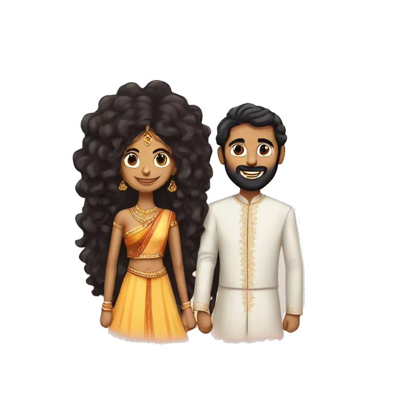 indian girl with curly hair marrying indian guy with straight hair and beard with an interesting background