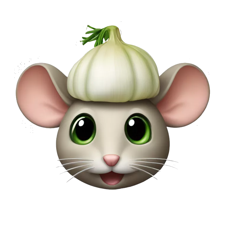 mouse with half onion as a little hat, the onion has still some green
