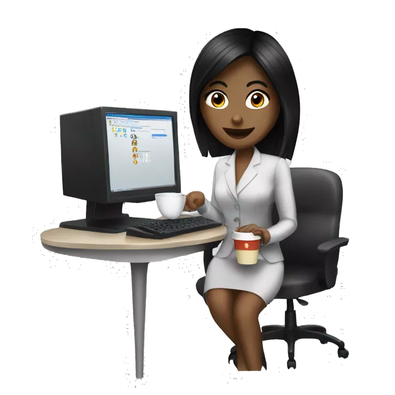 Secretary black hair computer and drinking coffee