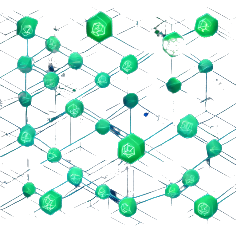 The image shows a blockchain network with interconnected blocks glowing blue and green on a dark blue background. The links between blocks are marked with bright lines, and digital elements such as binary code and network nodes have been added.