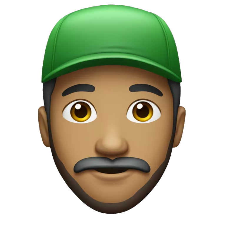Create a young mixed-race man with a beard and moustache wearing an all-green cap and a T-shirt white
