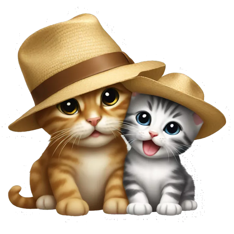 A kitten in a Panama hat licks another kitten