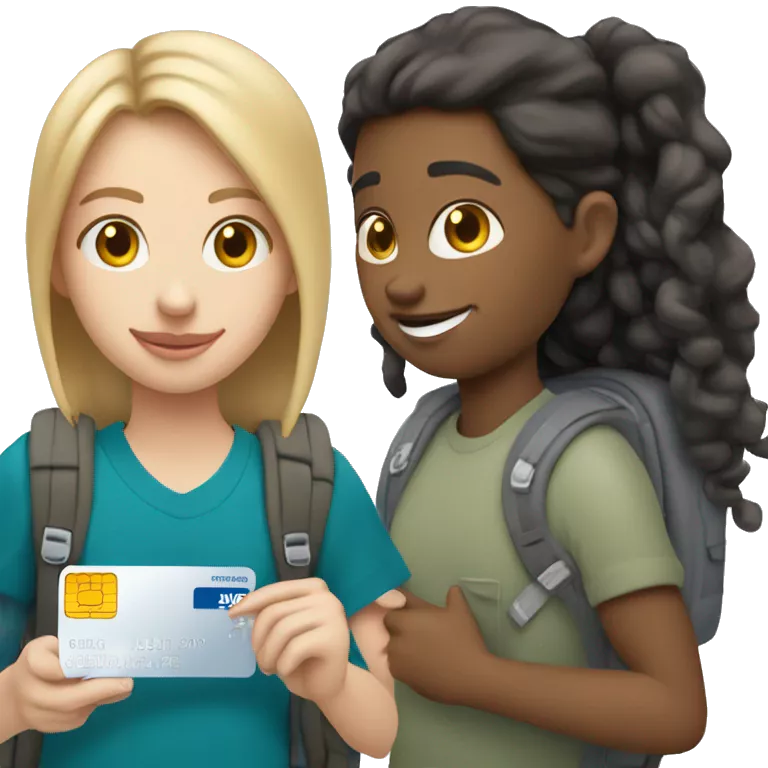 White skin tone student holding visa bank card, but its student card, one hand holding card other one holding backpack