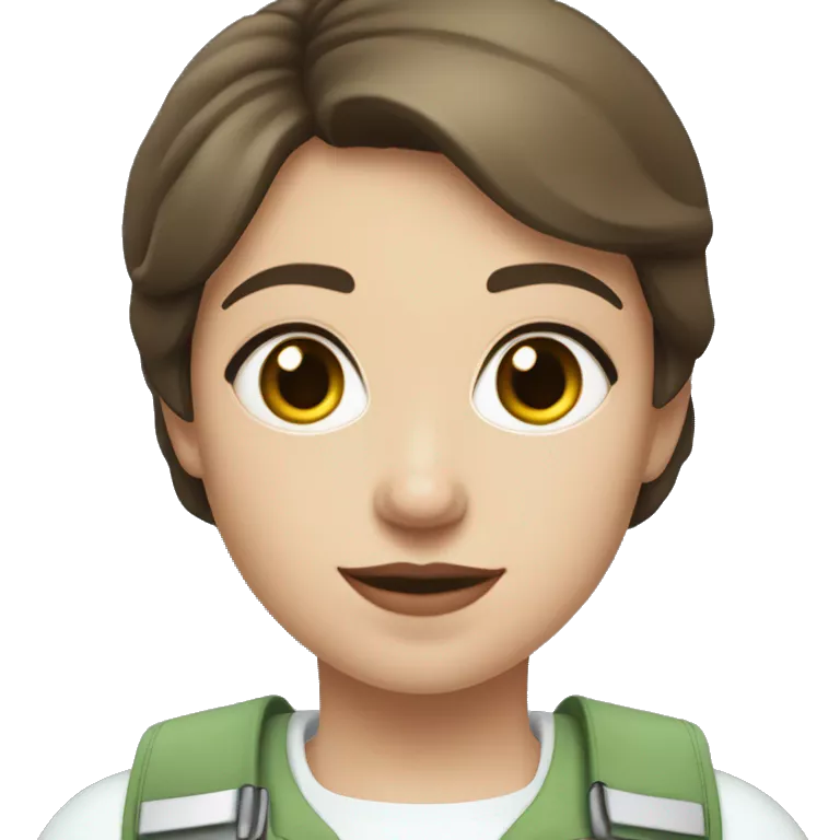 A brunette girl with a pixie cut, she has light pink lips, is white, and hazel blue eyes, she wears a light green shirt and a white vest over. She is a field medic
