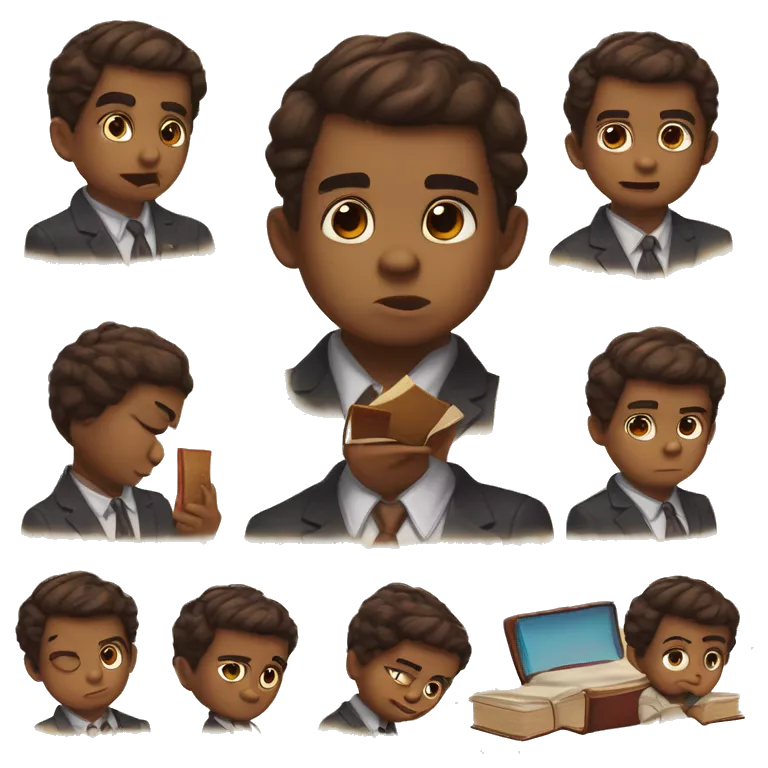 *i love you*, *angry*, *confused*, *cool*, *crying*, *party-time*, *reading a book*, *sleep in bed*, *wondering*, *hugging*. The character for the sticker set should be a brown eyed little boy in old-fashioned suit clothes