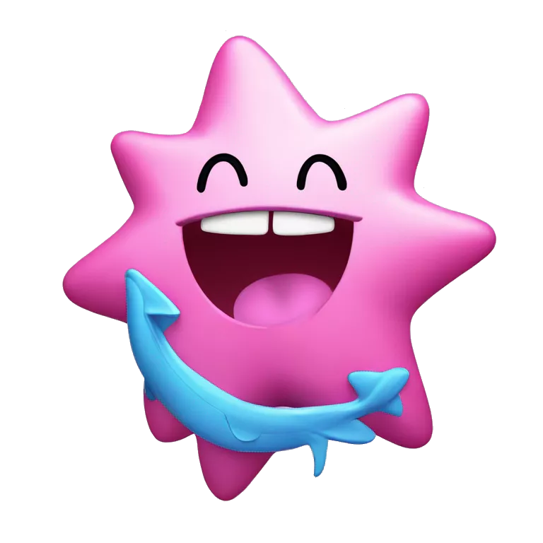 Pink marine star with blushing cheeks, mouth open singing music notes, open manga eyes