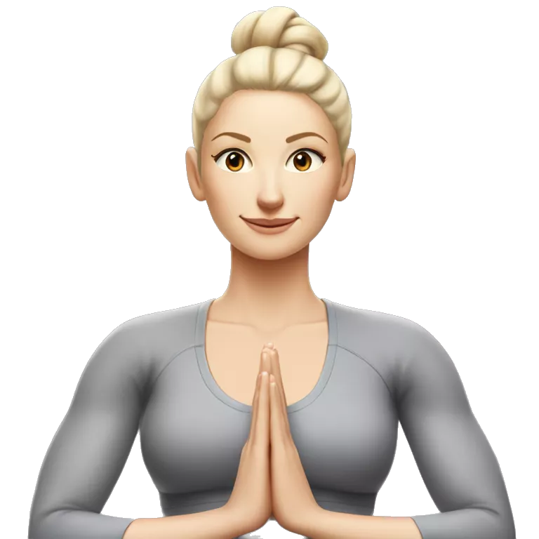 Pale skinned fit woman In a gray tight yoga suit and wristbands With ash blonde hair in a bun doing yoga