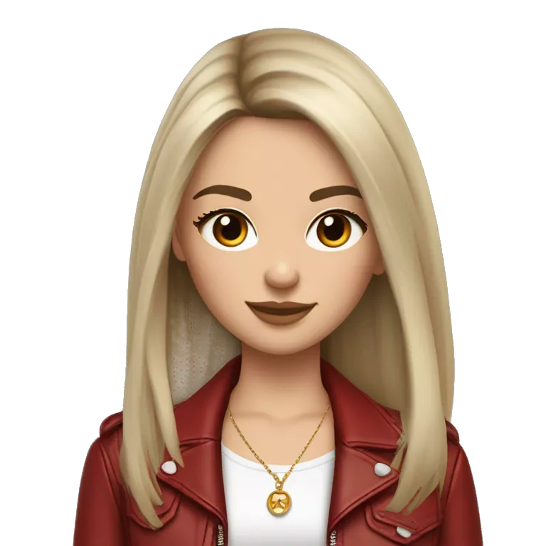 dark brunette girl semi pale skin and pretty eyelashes and medium thin brows, light brown eyes. silky long hair with long fringe hair parted down the middle, blush slightly, girl wearing a pretty necklace with, girl a red leather oversized leather jacket