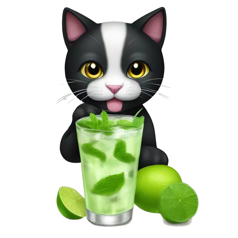 A cute black cat, whith a white nose,  dinking a &quot;mojito&quot; whith a glass
