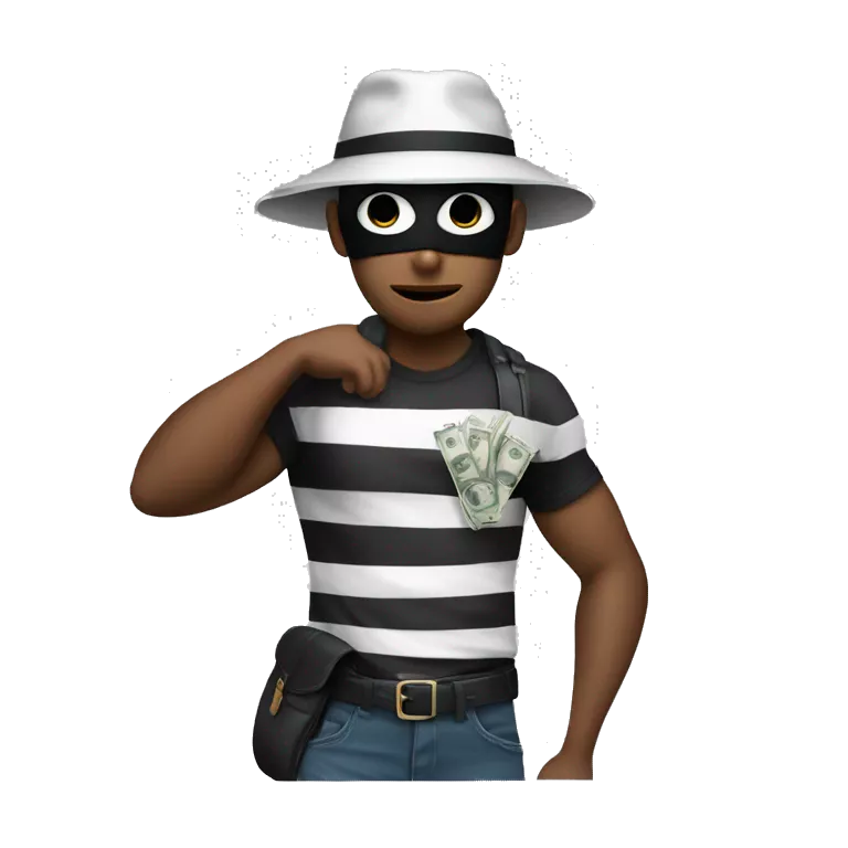 Thief is wearing a T-shirt with white and black stripes, a mask over his eyes, a black hat, and a bag of money slung over his shoulder