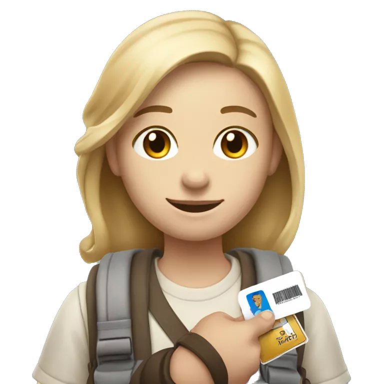 White skin tone student emoji holding student card, other hand holding backpack