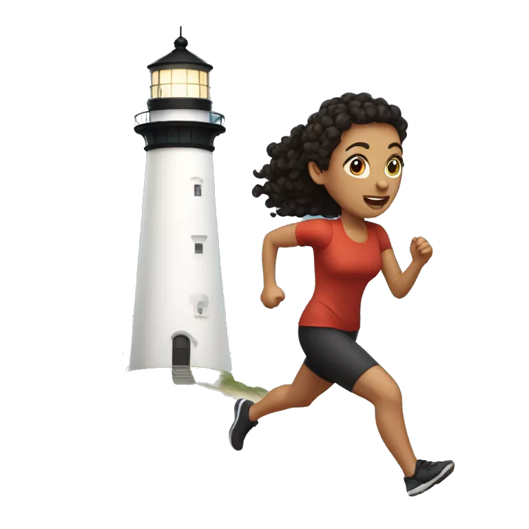 White woman with dark curly hair in a ponytail running toward a lighthouse
