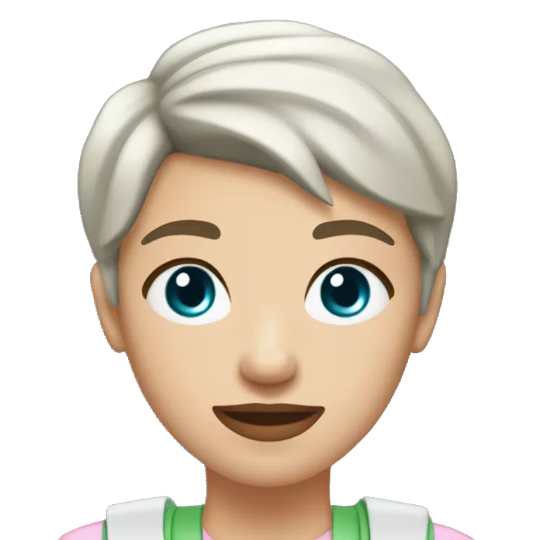 A brunette girl with a pixie cut, she has light pink lips, is white, and has hazel blue eyes. she wears a light green shirt, a white vest over, and a light red choker. She is a field medic