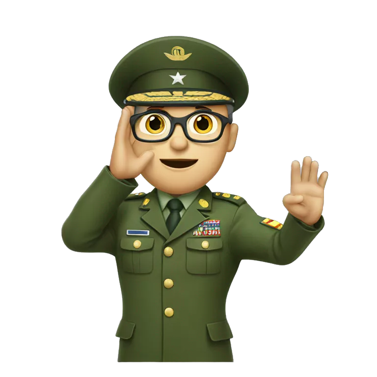 Military commander in green uniform and glasses that salutes with right hand and typing on a keyboard with left hand