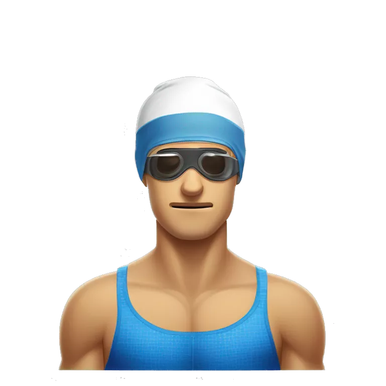 Tired and unsatisfied swimmer after his workout in the swimming pool. Swimmng googles on and swimming cap