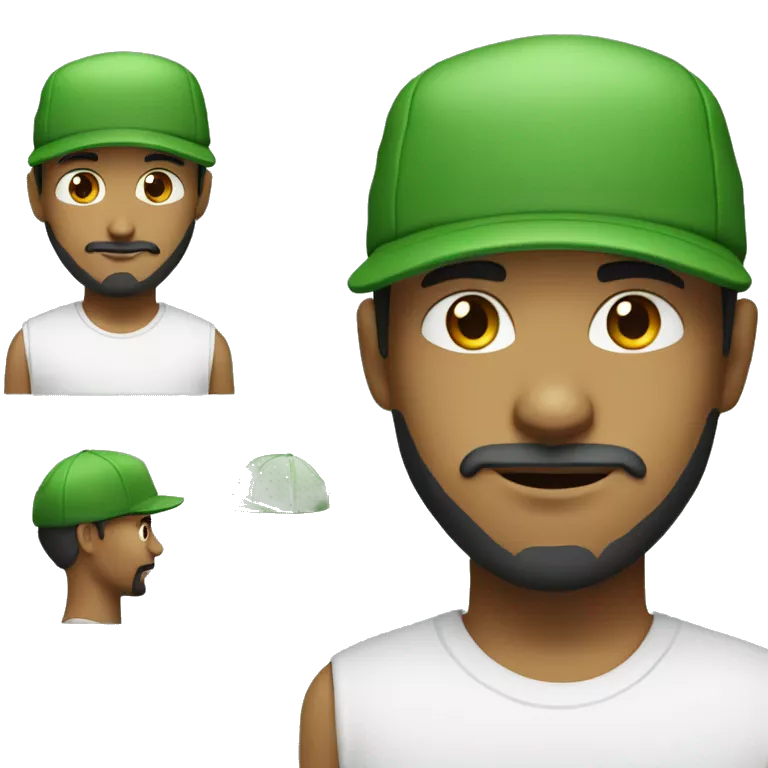 Create a young mixed-race man with a beard and moustache wearing an all-green cap and a white T-shirt
