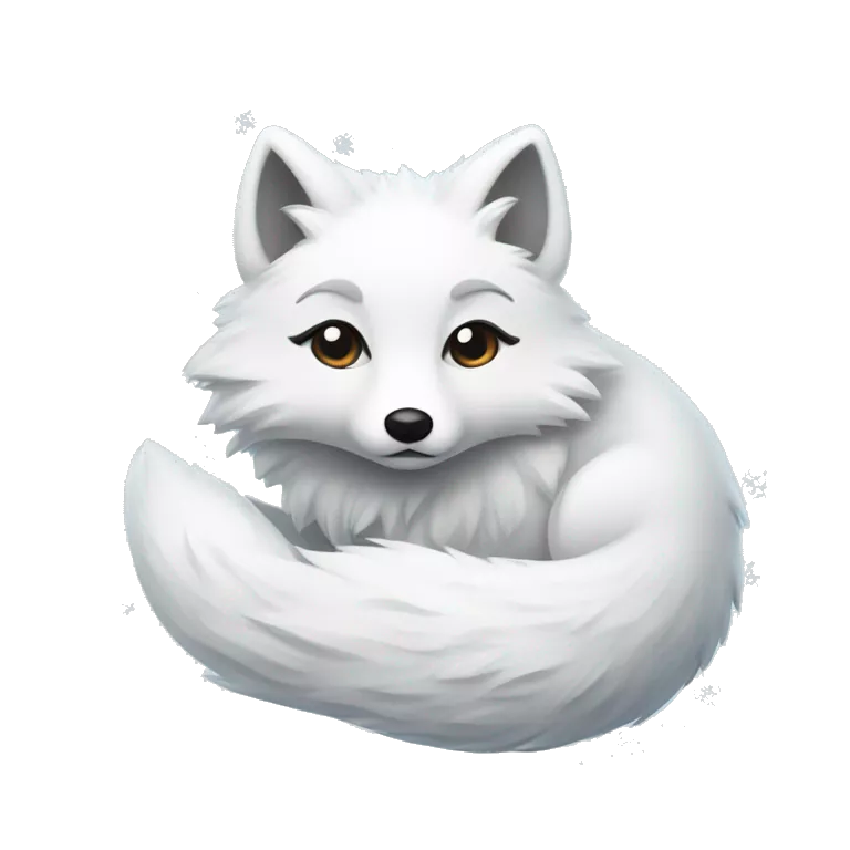 Arctic fox curled up with snowflakes falling around it