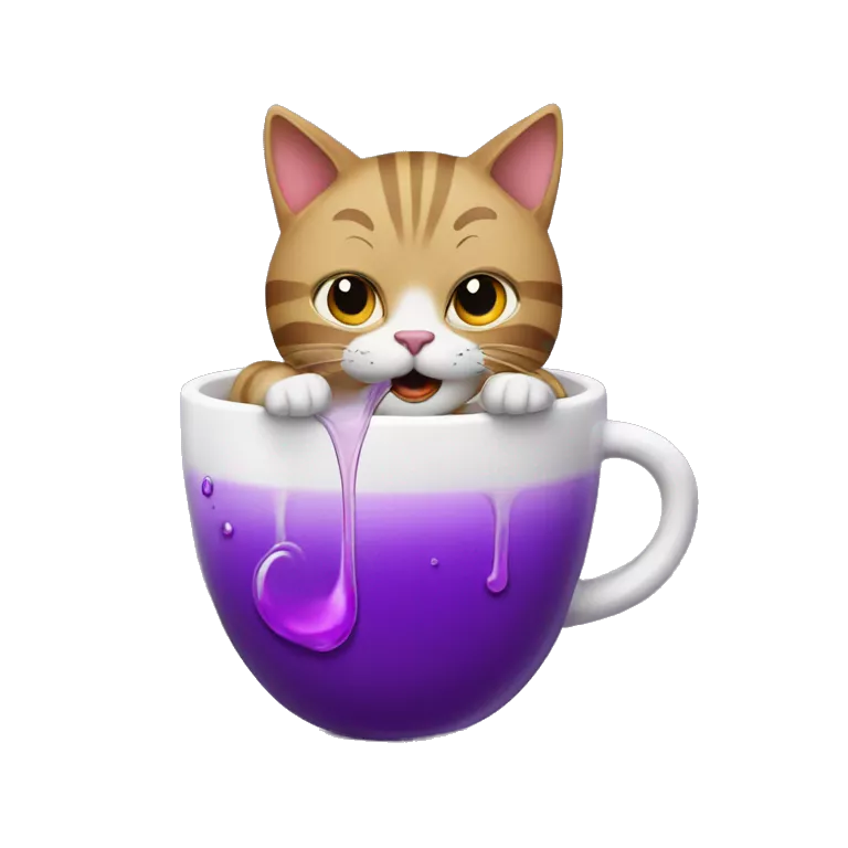 cat drinkin a cup in a cup with purple liquid in it