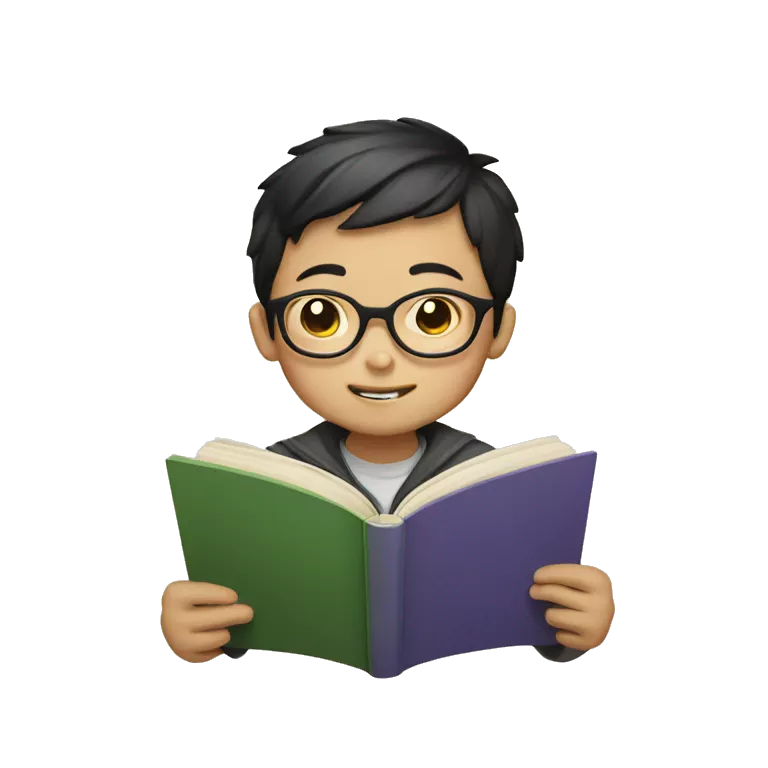 Chinese boy with glasses reading book