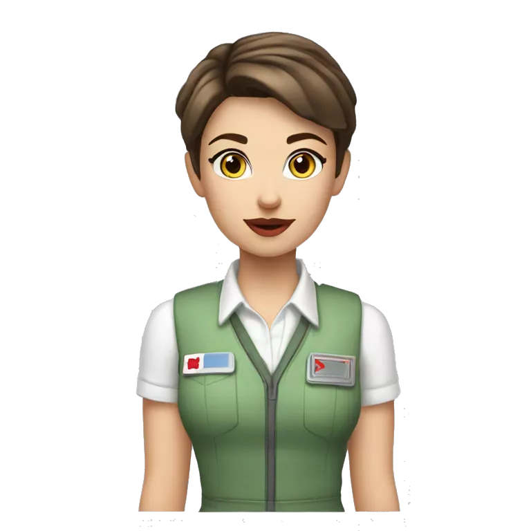 A brunette girl with a pixie cut, she has light pink lips, is white, and hazel blue eyes, she wears a light green shirt, a white vest over, and a light red choker. She is a field medic