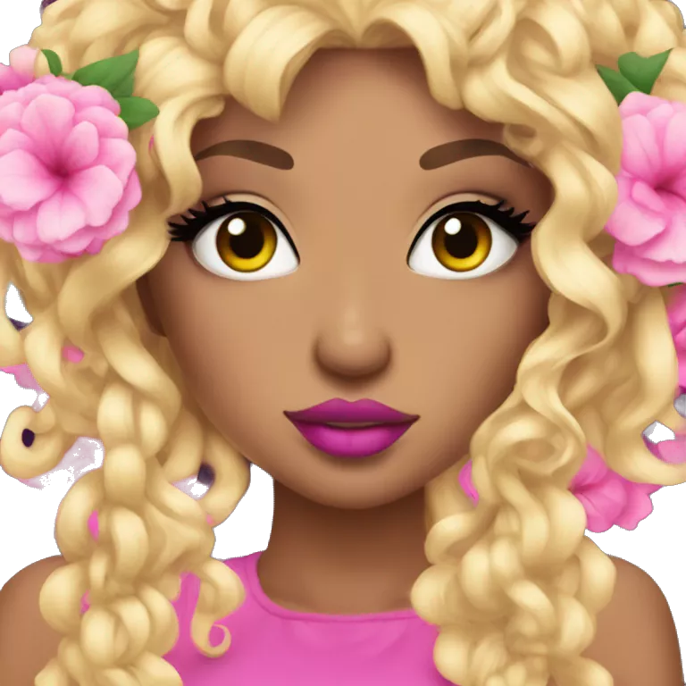 Gyaru girl with dramatic under lashes, flower in hair, bold pink lipstick, and curly blonde hair
