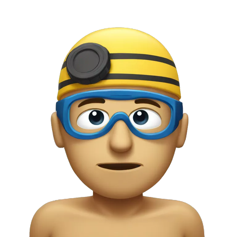 Swimming in terrible mood and very tired. Swimmer is in the swimming pool. he has swimming cap and goggles on his forehead