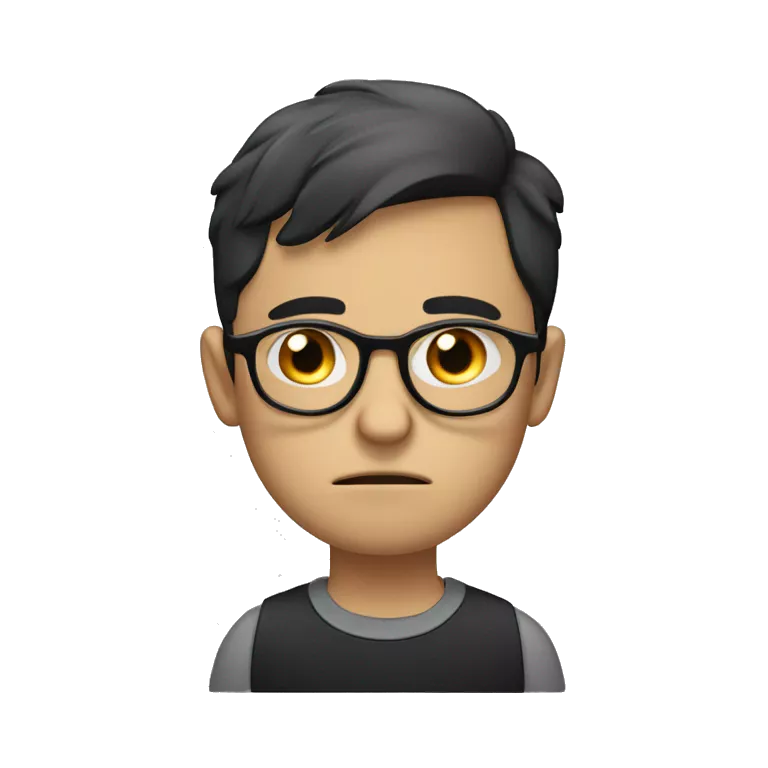 Sad Emote: A white boy with short black hair and black-framed glasses, with a tear rolling down his cheek and a frown on his face.