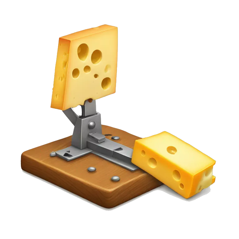 A mousetrap with a piece of cheese on it. The mousetrap should be classic wooden style, with the cheese placed on the trigger