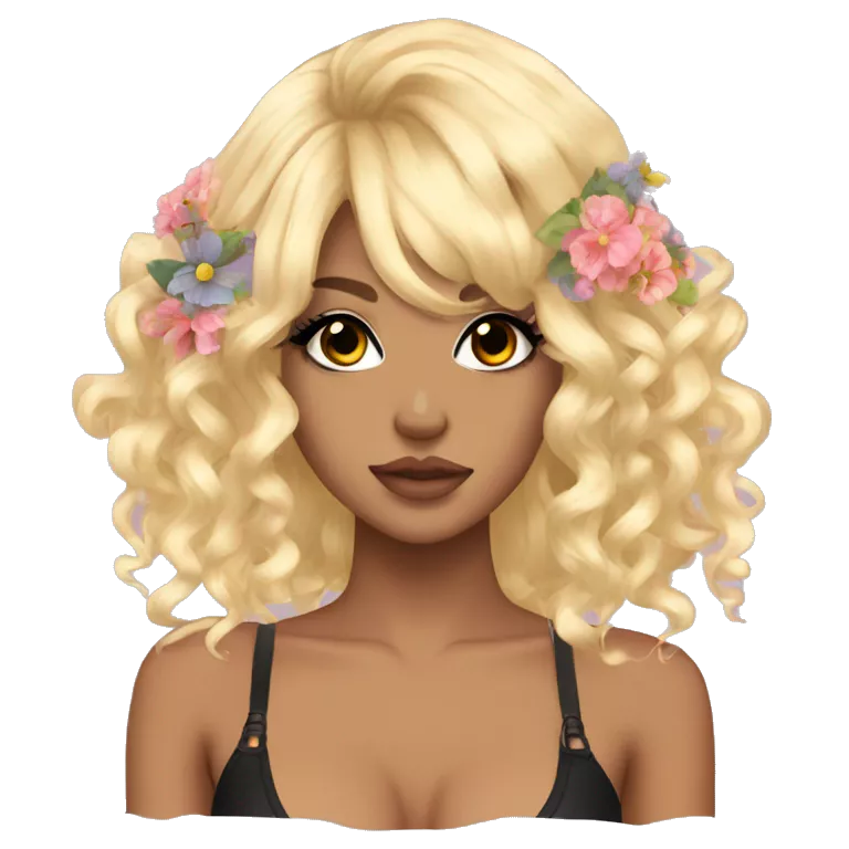 Gyaru girl with dramatic lashes, flower in hair, and curly blonde hair