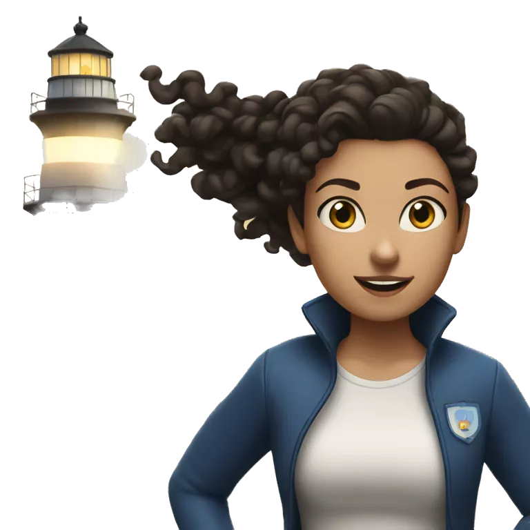 White woman with blue eyes and dark curly hair in a ponytail running with a lighthouse in front of her