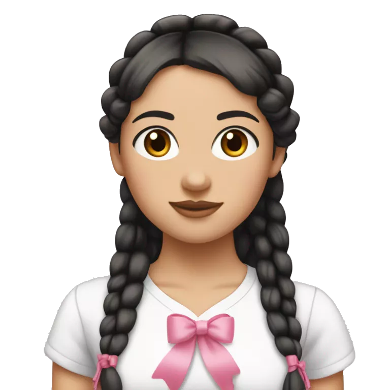 A white girl wearing white T-shirt with two tall braids and (bangs) with pink ribbon bow on each braid looking forward..black hair and brown eyes small nose and pink lips