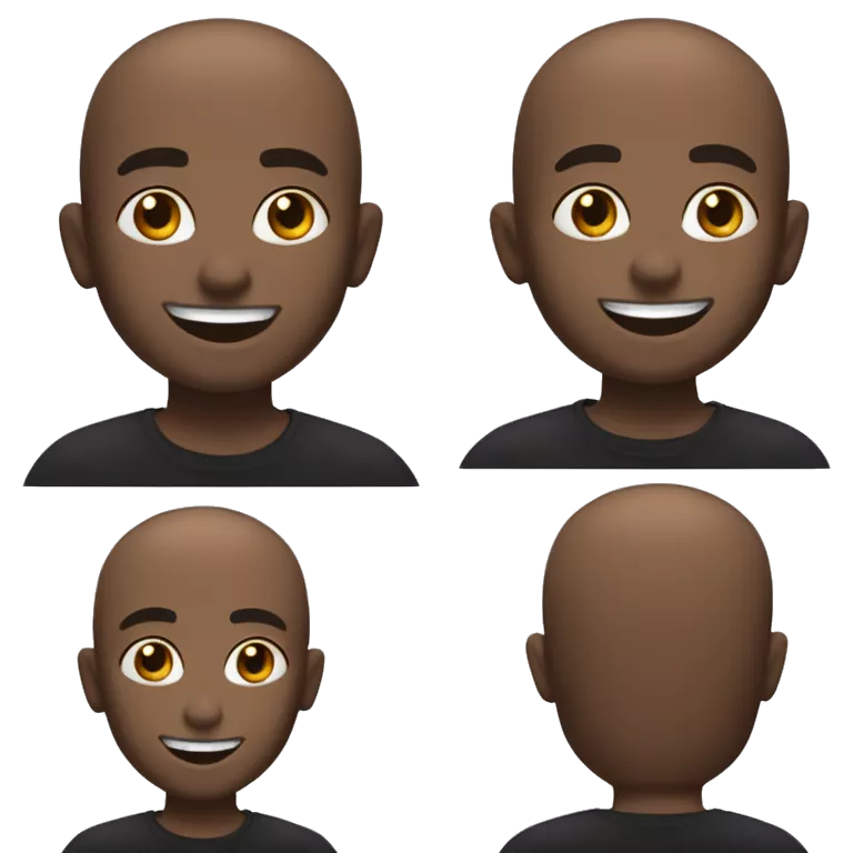 e has a smooth, dark complexion and a clean-shaven head. He is wearing a simple black shirt and two silver necklaces. face with a bright, friendly smile, His eyes should be expressive and his overall appearance should radiate positive energy