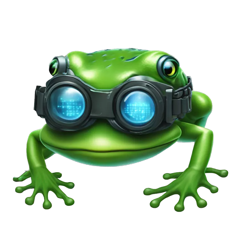 Create a high-quality emoji resembling a cybernetic frog mascot inspired by Neo from The Matrix. The emoji should feature the frog's face with sleek VR goggles and a form-fitting cyber armor with glowing blue circuit patterns.