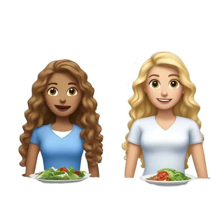 2 women, one with straight blonde hair and the other with long brown curly hair. Both wearing long sleeved blue and white shirts. Plate of past and bowl of salad in front of them