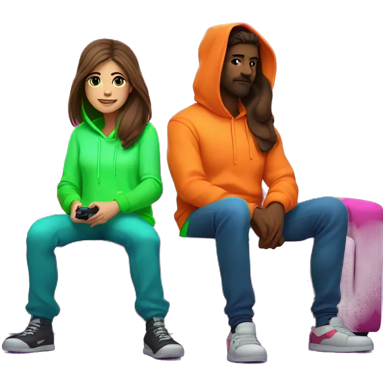 Female girl with long brown hair in neon hoodie .gaming with male guy shaved brown hair and short scruff with neon hoodie . Sitting on a sofa with a TV in a gamer neon room.