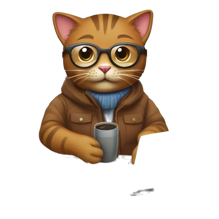 Create an emoji of a happy brown cat with computer glasses, typing on a computer and taking notes. The cat is sitting on an ergonomic chair, with a coffee mug, a potted plant, and wearing a winter jacket because the office AC is cold.