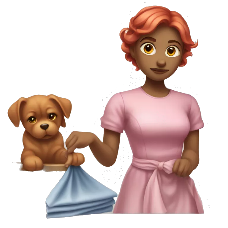&quot;A beautiful girl with red hair and fair skin, wearing a pink dress, cleaning another dress with a cloth. She is focused on the task and looks determined.&quot;