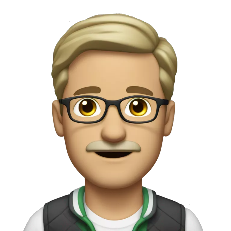 a forty-year-old white man with brown-green eyes, ash-colored short hair, a mustache and a goatee on his chin, wears fashionable glasses and an earring in his left ear
